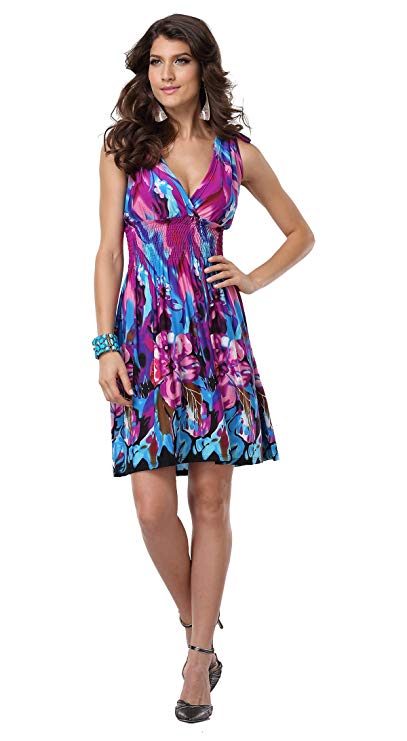 jinhuanshow Women's Casual Low-cut V-neck Backless Printed Dresses