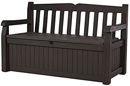 Keter Eden 70 Gallon Storage Bench Deck Box for Patio Furniture, Front Porch Decor and Outdoor Seating – Perfect to Store Garden Tools and Pool Toys,Brown / Brown