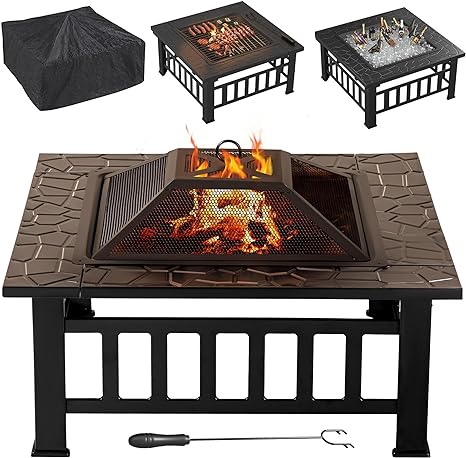 Flamaker Outdoor Fire Pit 32 Inch Patio Square Metal Firepit with Cover Poker & Grate Wood Burning Fireplace Backyard Stove for Outside Heating Camping