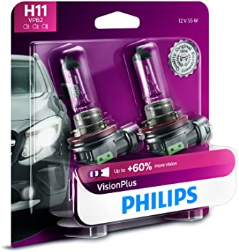 Philips H11 VisionPlus Upgrade Headlight Bulb with up to 60% More Vision, 2 Pack