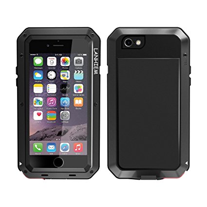 iPhone 6 Case, Heavy Duty Shockproof Lanhiem [Tough Armour] [Full-Body] Dual Layer Metal   Rubber Case with Buit in Glass Screen Protector, IPX4 Water Resistant Military Protection Cover for Apple iPhone 6 / 6s (4.7"), Dust Proof Design -Black