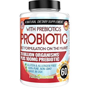 Probiotics 20 Billion CFU Plus 100mg Prebiotic Fiber, Digestive Enzyme Support, Probiotic Supplement for Women and Men, Advanced Digestive Gut Health, 60 Capsules