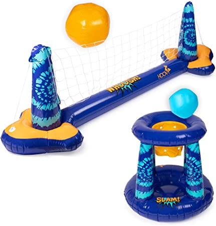 Inflatable Pool Float Game Combo Set | Volleyball Net & Basketball Hoop; Inflatable Balls Included for Kids and Adults Swimming Game | Floating Volleyball Net & Basketball Hoop Toy