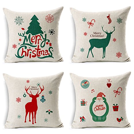 BPFY 4 Pack Christmas Decorations Home Decor Merry Christmas Pillow Covers Christmas Deer,Tree Sofa Throw Pillow Case Cushion Cover 18 x 18 Inch,Christmas Gifts
