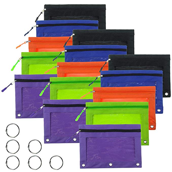 sticro 15 Pieces 3 Ring Pencil Pouch, 5 Colors Binder Canvas Pencil Case with Zipper Pulls (15 Pack)