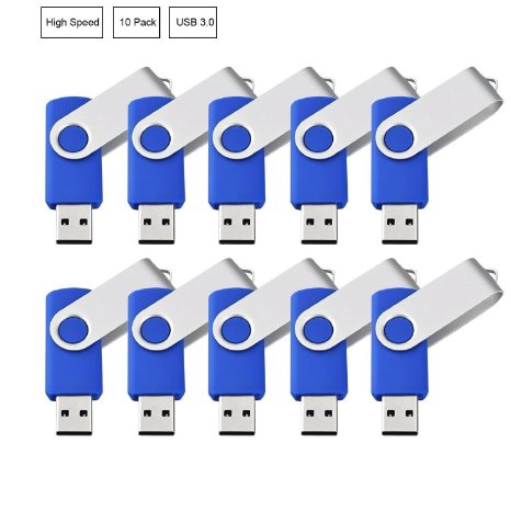 USB Home USB FLASH DRIVE, (Bulk 10 Pack, USB 3.0) 16GB Swivel High Speed USB 3.0 Pendrive Memory Stick, Blue
