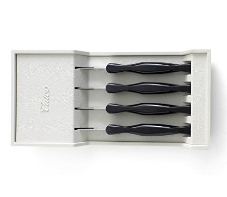 Cutco Model 1864 - Set of 4 (1759) Table Knives Plus (1745) Tray. 3.4" Double-D Serrated Edge Blades With 5" Classic Brown Handles (Sometimes Called Black) in Factory Sealed plastic Bags.