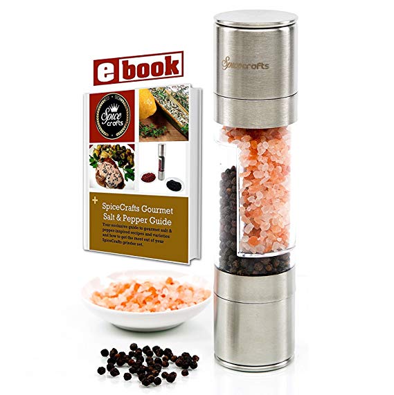 Lifestyle Dynamics The Original SpiceCrafts Salt and Pepper Grinder Set, Stainless Steel with Recipe eBook & Guide, Pure Ceramic Grinders, Dual Mill