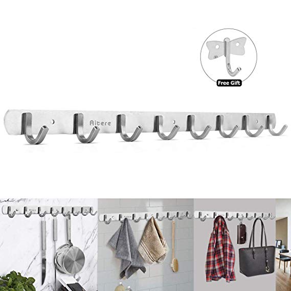 Aitere 8 Hooks Coat Hook Rack Wall Mounted 304 Stainless Steel Hanger Heavy Duty Clothes Hat Holder(Extra a Hook for Free)