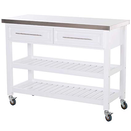 HOMCOM Rolling Kitchen Island Cart with Drawers, Shelves, and Stainless Steel Top - White