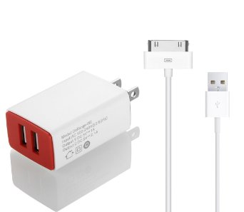 OoRange Dual Port 3.1A USB Wall Charger Power Adapter with 6.5 Feet 30 Pin Charging Cable Cord for iPhone 4 4S, iPod Touch 3/4, iPad 2/3