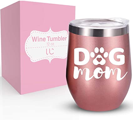 Dog Mom 12 oz Stainless Steel Wine Tumbler with Lid | Dog Mom Gifts and Dog Gifts for Women | Double Insulated Stemless Tumbler