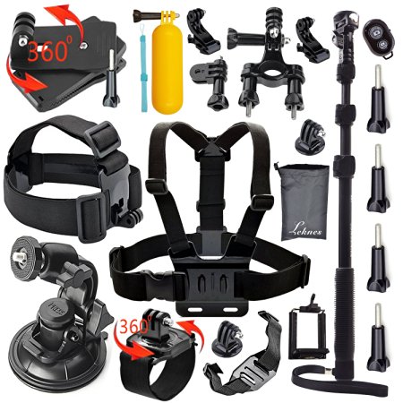 Leknes Common Outdoor Sports Essentials Kit for GoPro Hero 4 3  3 2 1 and Sj4000 Sj5000 Sport camera in Parachuting Diving Surfing Rowing Running Cycling Camping And More, Includes: Aluminum Alloy Extendable Selfie Stick Handheld Monopod   Head Belt Strap Mount   Chest Strap   Big Size Car Suction Cup Mount   Floating Handle Grip   Tripod Mount Adapter   Surface J-Hook   360 Degree Rotary Clip Mount   Bike Handlebar Mount   360 Degree Rotating Adjustable Wrist Mount   Pouch