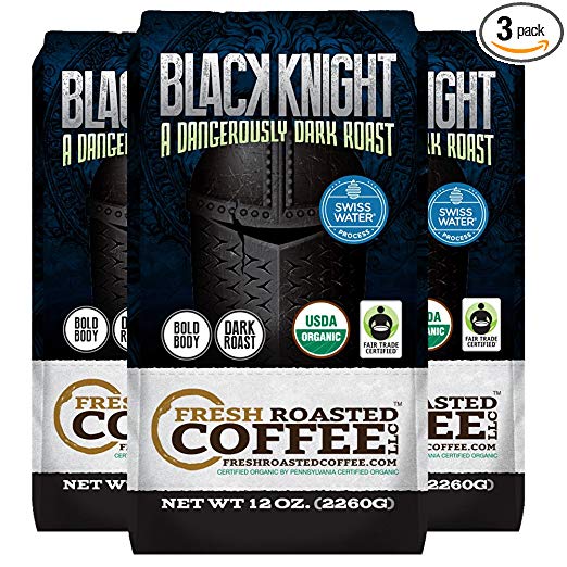 Black Knight Decaf Organic Fair Trade Coffee, 12 oz. Whole Bean Bags, Water Decaf, Fresh Roasted Coffee LLC. (Pack of 3)