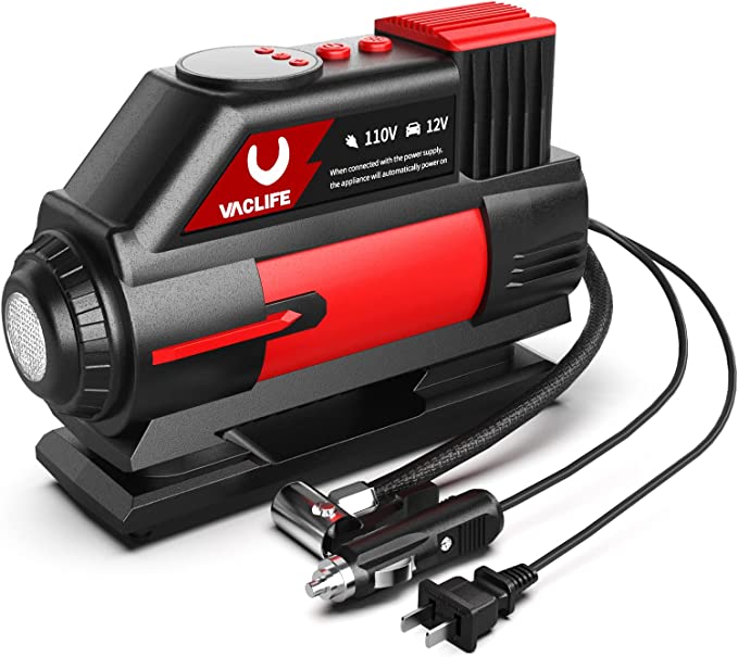 VacLife Tire Inflator, 12V DC/110V AC Portable Air Compressor with Auto-Shutoff Design, Fast-Inflating Air Pump for Car Tires, Car Air Pump for Various Purposes, ATJ-6888, Red(VL748)