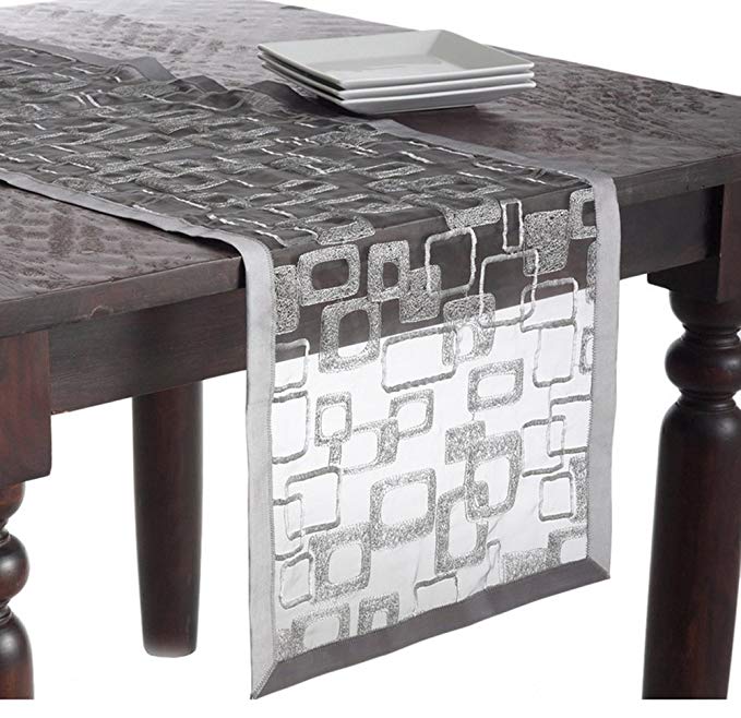 Fennco Styles Mondrian Embroidered Geometric Design Rectangular Table Runner (Silver, 16"x54")