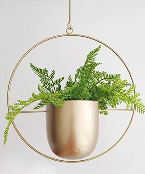 RISEON Boho Gold Metal Plant Hanger,Metal Wall and Ceiling Hanging Planter, Modern Planter, Mid Century Flower Pot Plant Holder, Minimalist Planter for Indoor Outdoor Home Decor (Round Shape, Gold)