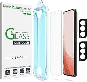 amFilm [2 2 Pack 2 Pack OneTouch Tempered Glass Screen Protector for Samsung Galaxy S22 Plus 5G 6.6 Inch, 9H Hardness with 2 Pack Tempered Glass Camera Lens Protector and Easy Installation Kit