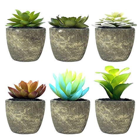 Set of 6 Artificial Succulent Plants – Fake Plants with Grey Ceramic Planters for Decoration
