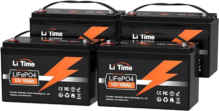 LiTime 12V 100Ah LiFePO4 Lithium Battery Built-in 100A BMS, 1280Wh Output Power, 4000-15000 Deep Cycles Backup Power, Perfect for RV, Solar, Marine, Home Energy Storage (4 Packs)