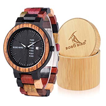 BOBO Bird Natural Wood Watch Colorful Mens Wooden Watches Week & Date Display Japanese Quartz Movement Chronograph Unique Wristwatch for Men