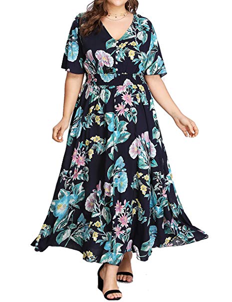 Romwe Women's Plus Size Floral Print Buttons Short Sleeve V Neck Flare Flowy Maxi Dress