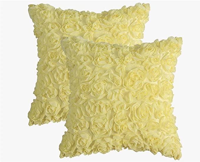 MONA Mona Throw Pillow Cases Cover 3D Stereo Chiffon Rose Flower Pillow Cover Solid Square Pack of 2 Decorative Romantic Pillowcase for Decoration Sofa, Bedroom 18x18 Inches 45x45cm Yellow.