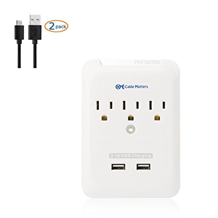 Cable Matters 3-Outlet Wall Mount Surge Protector with 2.1A Dual USB Charging