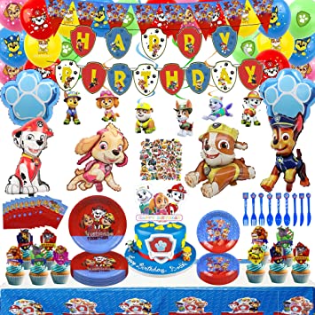 180pcs Dog Party Decorations Birthday Party Supplies, Party Decorations Include Happy Birthday Banner, Hanging Swirls, Balloon, Plates, Tablecover, Napkins,Cupcake Topper, Stickers