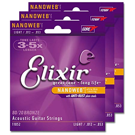 3 Sets of Elixir 11052 Light Acoustic Strings (12-53) (Nanoweb)