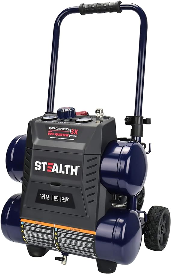 STEALTH Ultra Quiet Air Compressor, 64 Decibel 4.5 Gallon Peak 1.3 HP Max 150 PSI, Oil-Free Air Pump, 3 CFM @ 90 PSI Portable Air Compressor W/Wheel for Garage, Workshop, Jobsite SAQ-1413