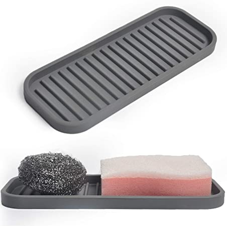 Silicone Sponge Holder Kitchen Sink Organizer Tray Dish Caddy Soap Dispenser, Scrubber Spoon Holder, Dishwashing Accessories (Grey, 2 Pack)