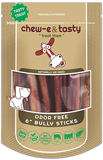 Chew-e&Tasty Bully Sticks 6-inch (10 Pack)- Odor Free 100% Beef Chews- Made & Packaged at Food-Grade Facility - Fully Digestible High Protein, Low Fat Dental Treats