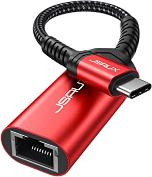 USB C to Ethernet Adapter, JSAUX USB-C to RJ45 Thunderbolt 3/Type C to Gigabit Ethernet LAN Network Adapter Compatible with iPad Pro 2021, iMac, MacBook Pro 2020/2019, MacBook Air, Dell and More-Red
