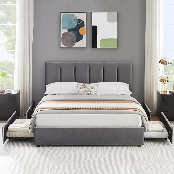 VECELO Queen Upholstered Bed Frame with 4 Storage Drawers and Adjustable Velvet Headboard, Heavy-Duty Platform bedframe, No Box Spring Needed, Grey