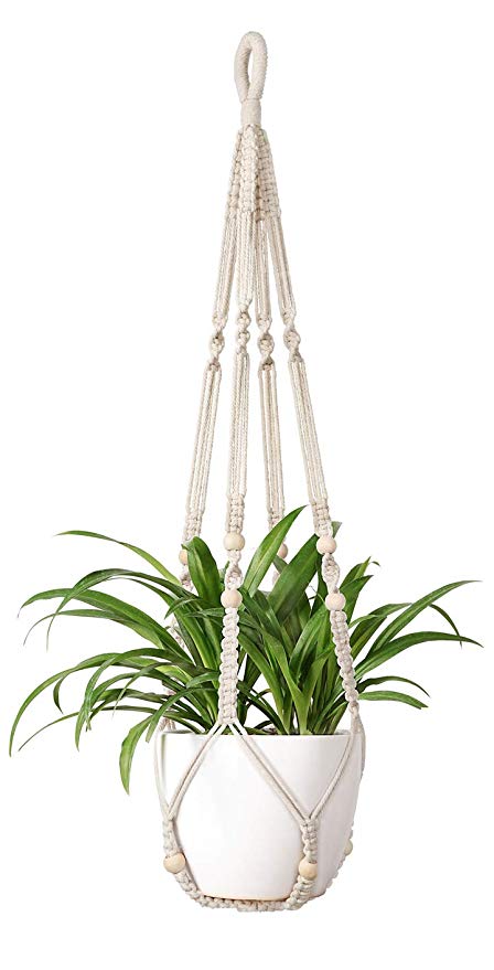 Mkono Macrame Plant Hanger Indoor Hanging Planter Basket Flower Pot Holder Cotton Rope with Beads 35 Inch