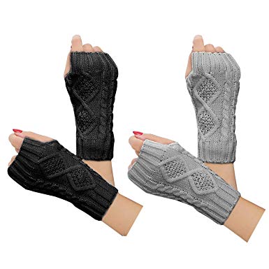 2 Pairs Women Winter Warm Knit Fingerless Gloves Hand Crochet Thumbhole Arm Warmers Mittens