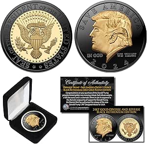 Donald Trump 2024 Save America USA One-Full Ounce Coin Black Ruthenium & Gold Tribute Coin with Certificate and Display Box