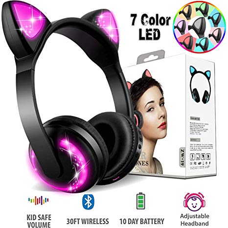 Treesine Wireless Bluetooth LED Cat Ear Headphones for Girls, Kids, 7-Color Color Changing Glowing Over Cosplay Cat Ears Gaming Headsets with Microphone for Smartphones PC Tablet