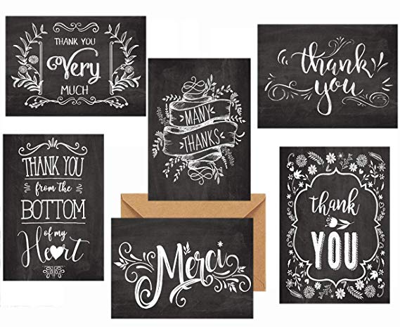Black Retro Thank You Cards 36 Pack, Thank You Notes for Wedding, Baby Shower, Graduation, Work Anniversary, Teacher and Employee Appreciation, 6 Vintage Rustic Style, Include Envelopes & Sticker