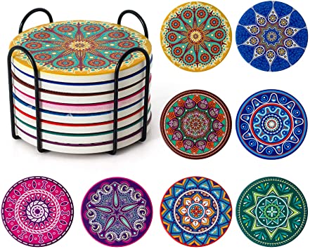 Nice Dream Coasters for Drink, Absorbent Drink Coasters with Holder, Mandala Ceramic Coasters with Cork Base, Housewarming Gift Stone Coasters Set of 8 (Multicolor2)