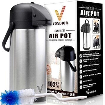 3 Liter Thermal Airpot Beverage Dispenser By Vondior (102 Ounce)-Stainless Steel Urn For Hot/Cold Water Or Coffee, Pump Action, Party Thermos Carafe, Bunn Cleaning Brush Bonus, Removable Lid Pitcher