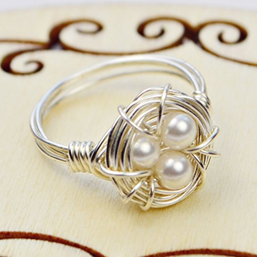 Birds Nest White Swarovski Crystal Pearl Sterling Silver Wire Wrapped Ring- Custom Made to size 4 -14