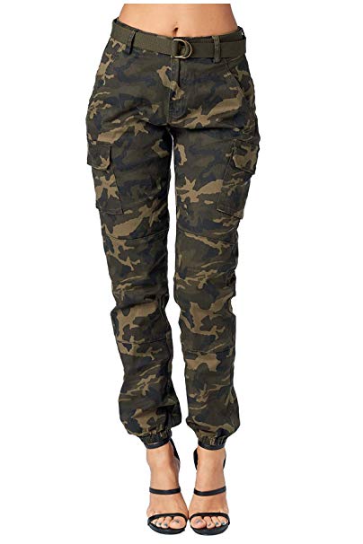 Love Moda Women's Trendy Slim Fit Belted Cargo Pants with Stretchy Spandex