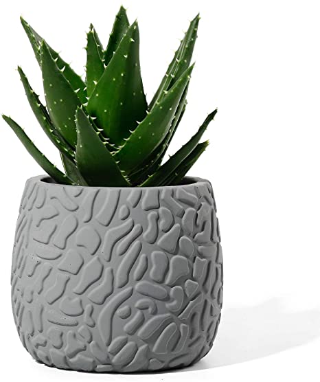 POTEY Cement Flower Pots for Plants - 4 Inches Medium Concrete Indoor Planter with Drainage Hole Modern Container Planting Bonsai Unglazed - Gray, Embossment 202031