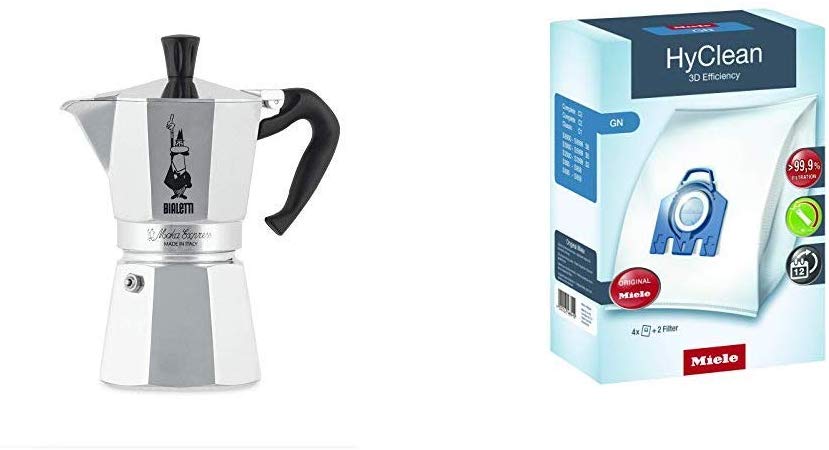 Bialetti Moka Express Espresso Maker, Makes 6 Cup & Miele HyClean GN 3D Efficiency Dustbags for Classic, Complete, S2000, S5000, and S8000 Series