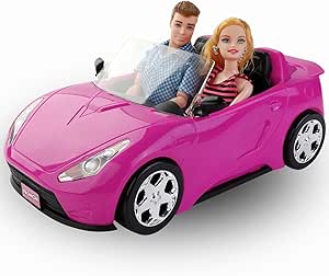 Doll-Sized Convertible Car for Dolls – 2-Seater Pink Vehicle with Rolling Wheels, Seat Belts w/ 2 Dolls Included (Compatible with Barbie)