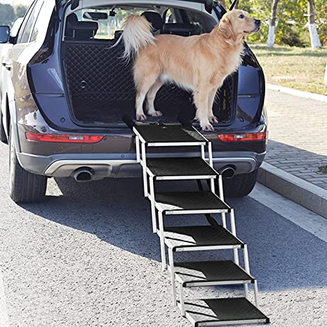 Portable Folding Dog Stairs for Large Dogs, 5 Steps Lightweight Aluminum Pet Ramp with Nonslip Surface Portable Ladder, Great for High Bed, Cars, Vehicles, Trucks and SUVs, Support 150 to 200 lbs