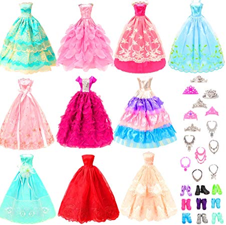 BARWA 10 Pcs Dresses with 17 Accessories Handmade Doll Clothes Wedding Gowns Party Dresses for 11.5 inch Girl Dolls (C: 10 Pcs Dresses   17 Accessories)