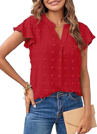 MEROKEETY Women 2024 Summer V Neck Ruffle Short Sleeve Blouse Swiss Dot Flowy Shirt Tunic Top